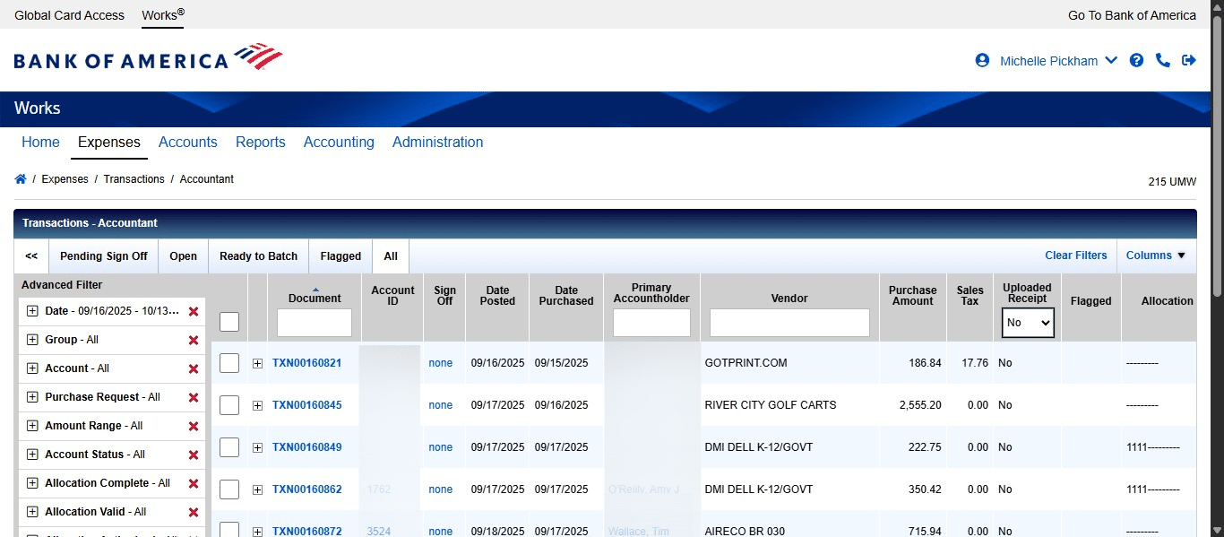 We want to only see transactions that have been signed off without receipts uploaded, so click on the column header for "Sign Off"