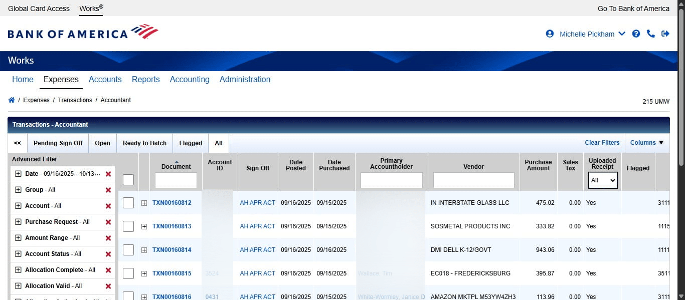 Check that the date range is set appropriately and adjust if needed. We want to find all signed off transactions that do NOT have documents attached, so under the Uploaded Receipt column, click the drop down and select No. 