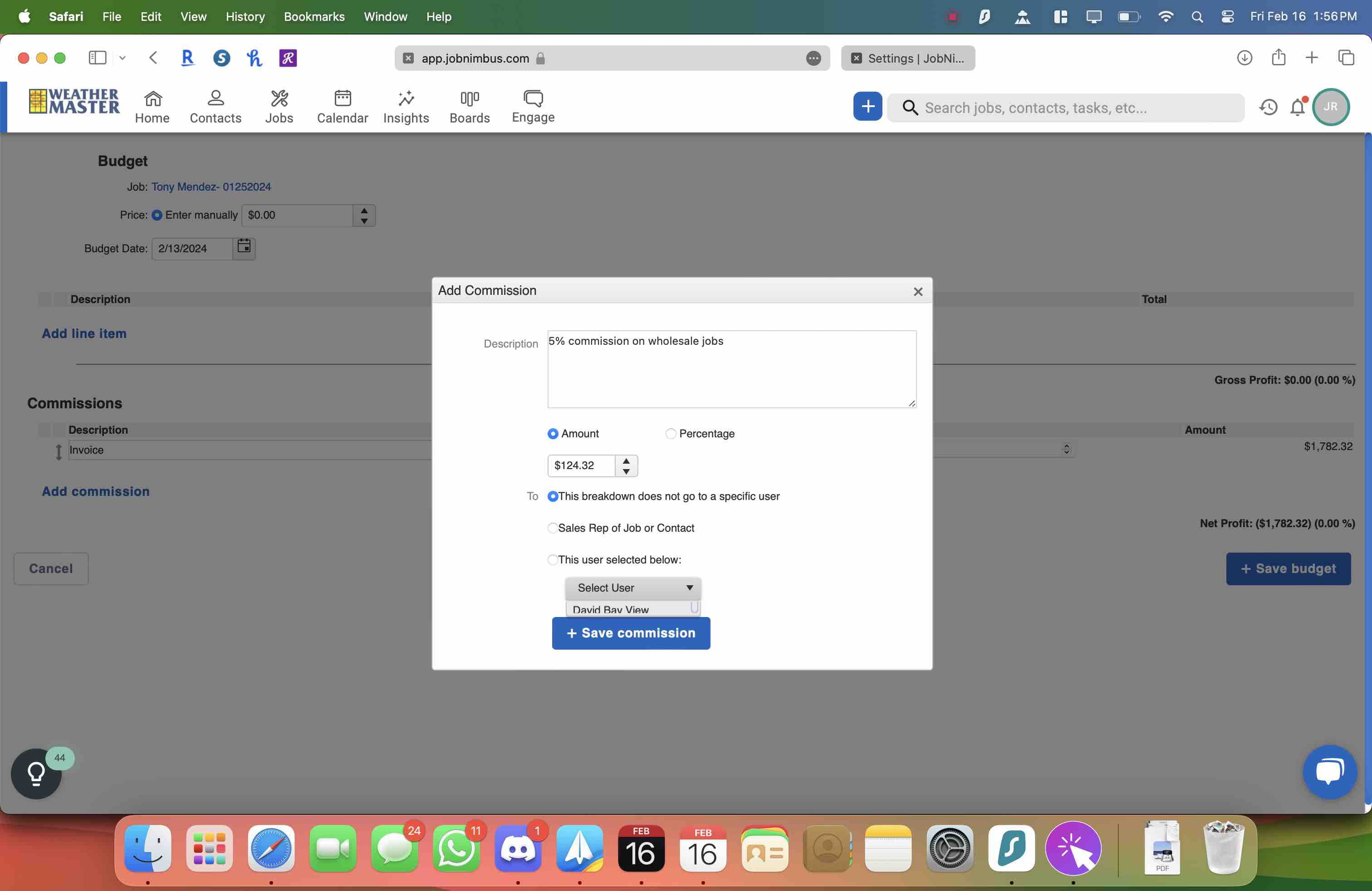 Add the commission amount and select the correct person from the list 
