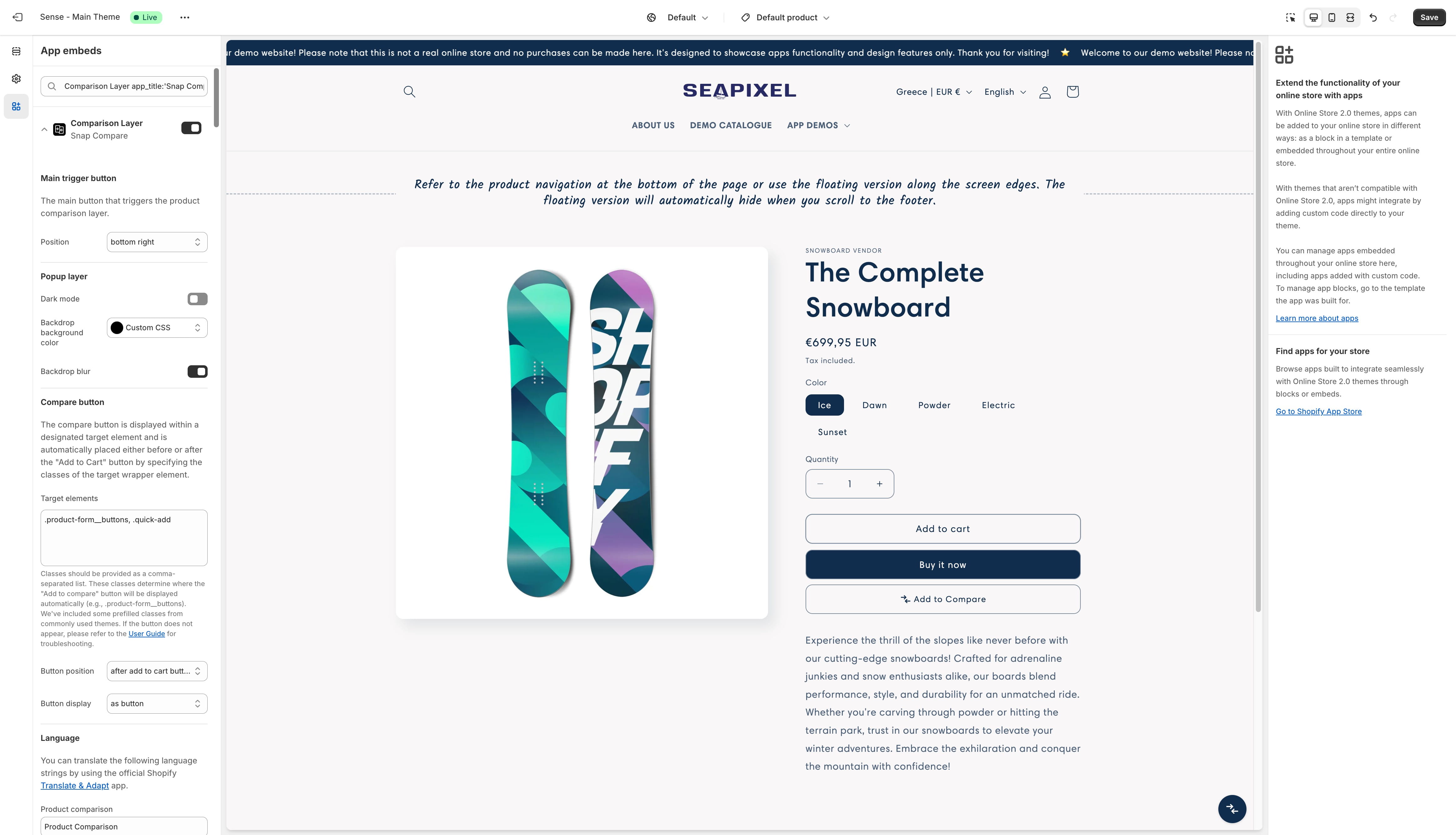 You can add products and product variants to the comparison list using the "Add to Compare" button, which is automatically placed by the app. The position and style of the button can be customized through the embed settings.