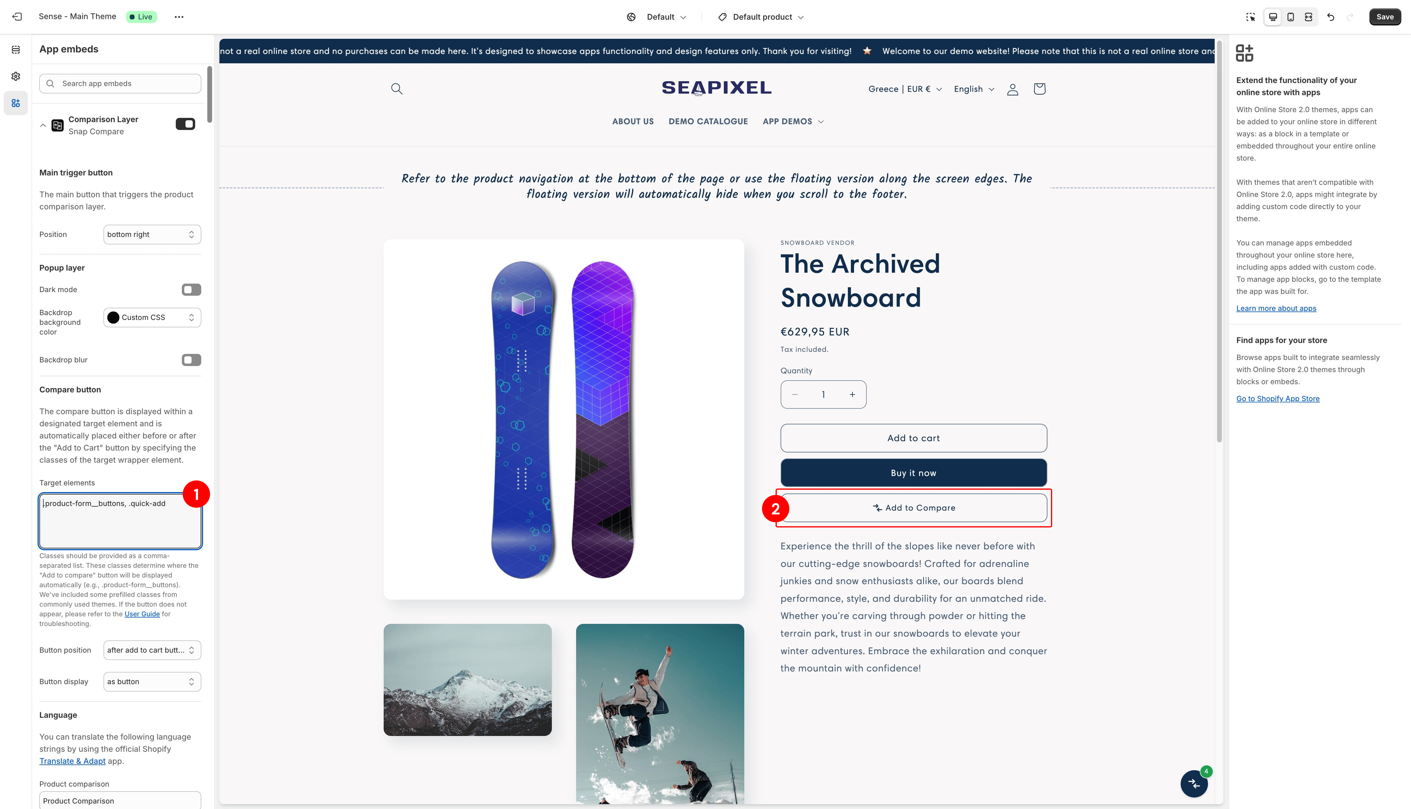 If the "Add to Compare" button does not appear, you may need to adjust the target elements that control its automatic placement. These settings can be found in the "Target Elements" section.