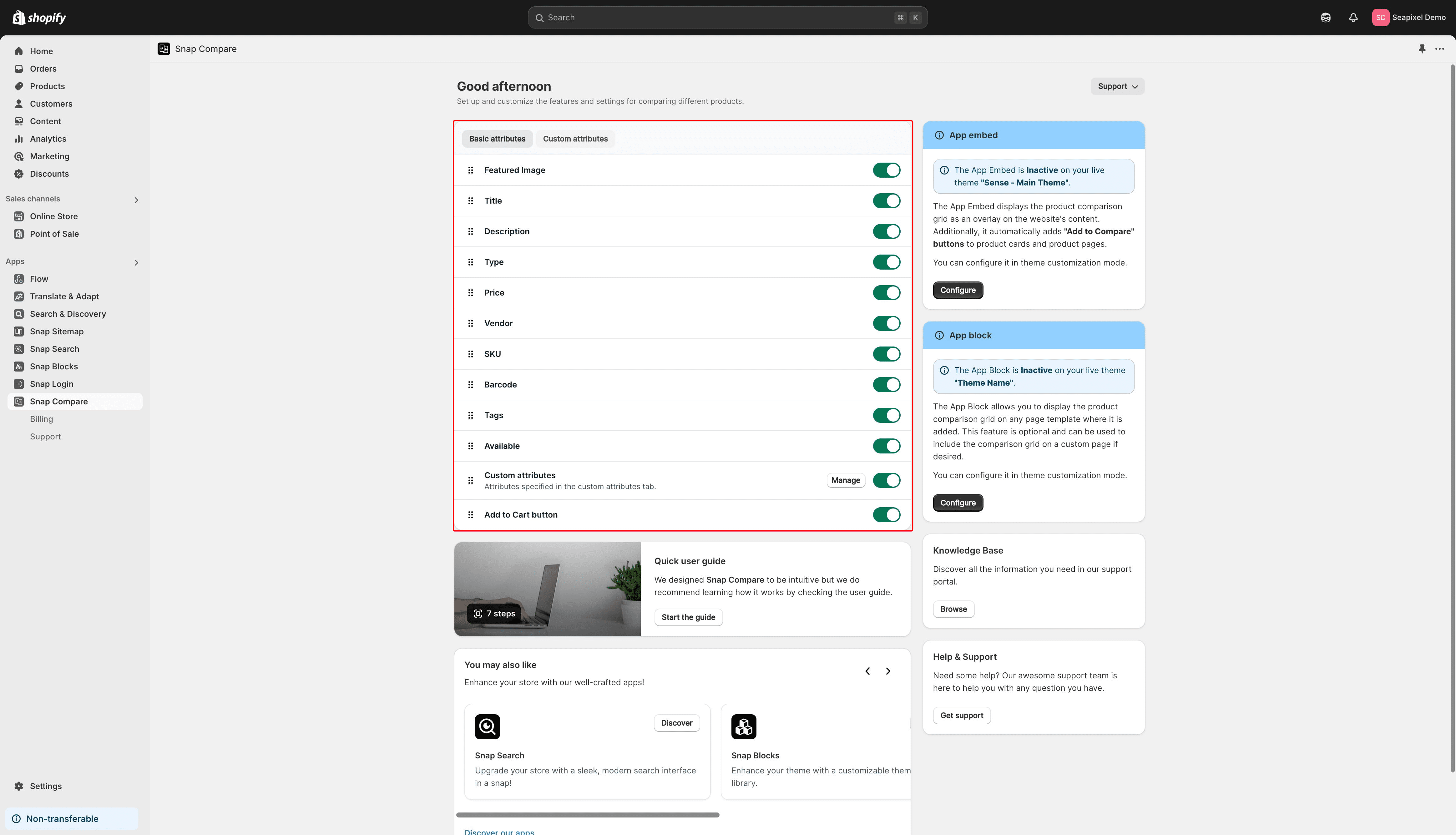 From the app admin, you can customize and reorder basic product attributes, as well as add metafields and custom definitions as comparable options.