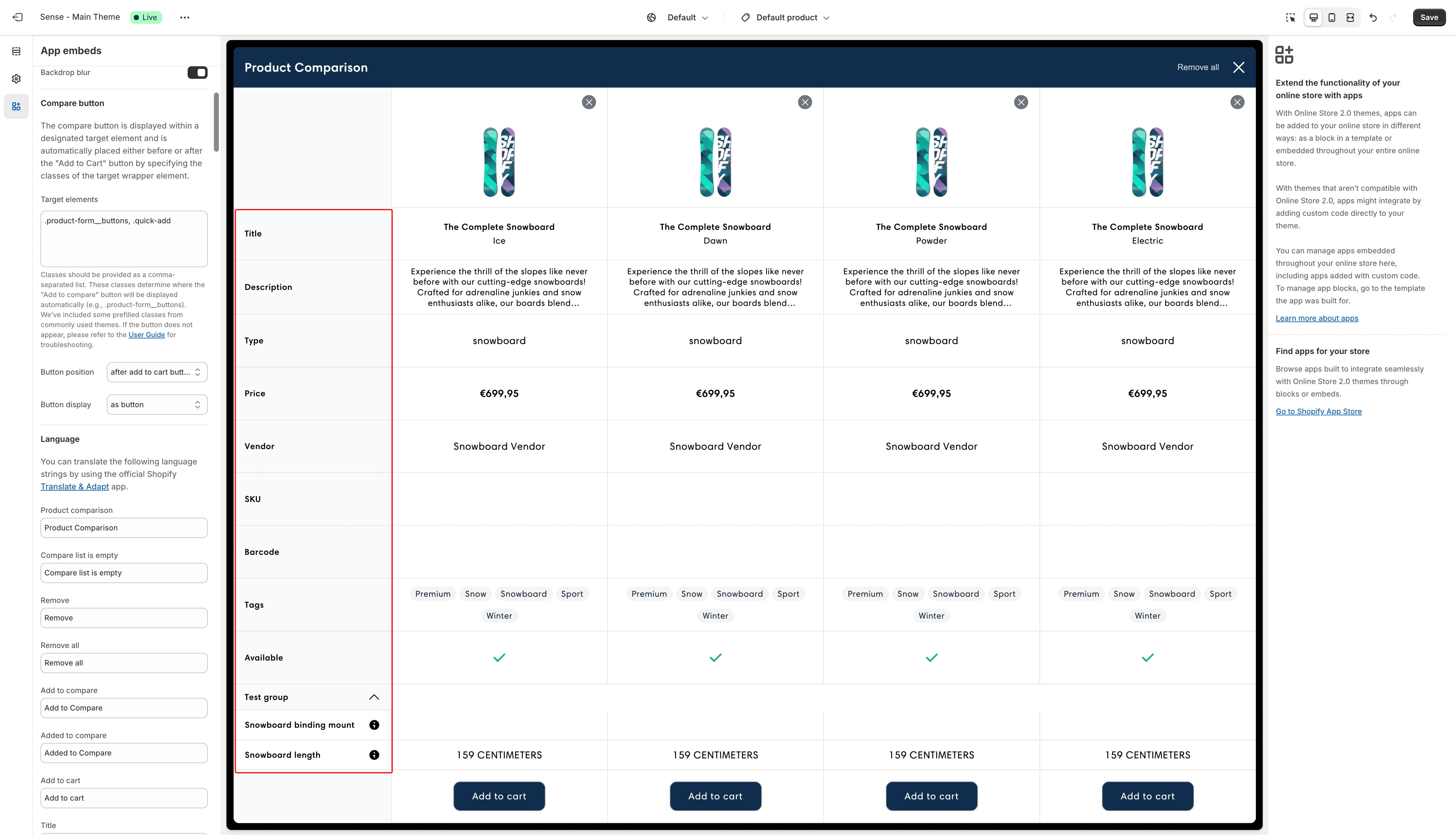Product options and additional custom attributes can be configured and managed through the app settings.