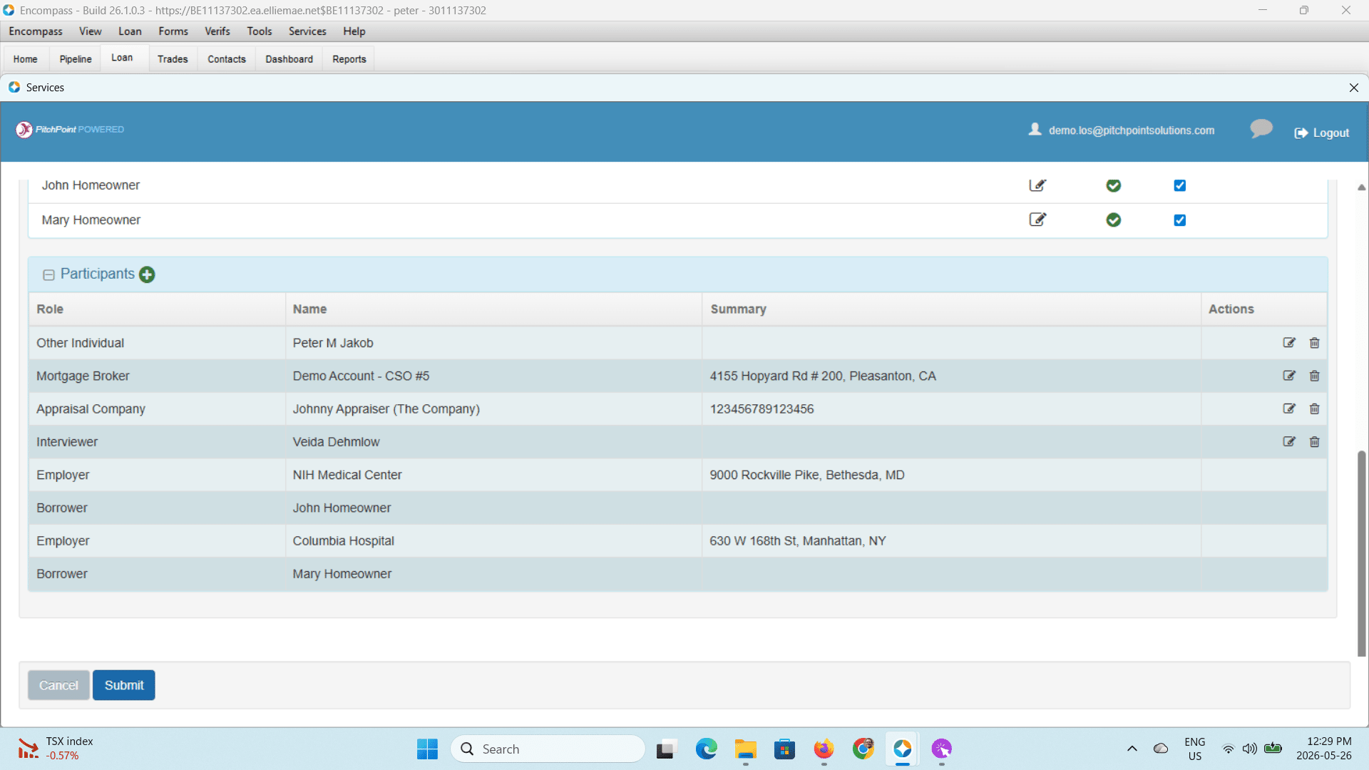 The ADV-Reconfirm order screen will be presented where you can review the current loan data from Encompass.
Press the <Submit> button to start the ADV-Reconfirm.