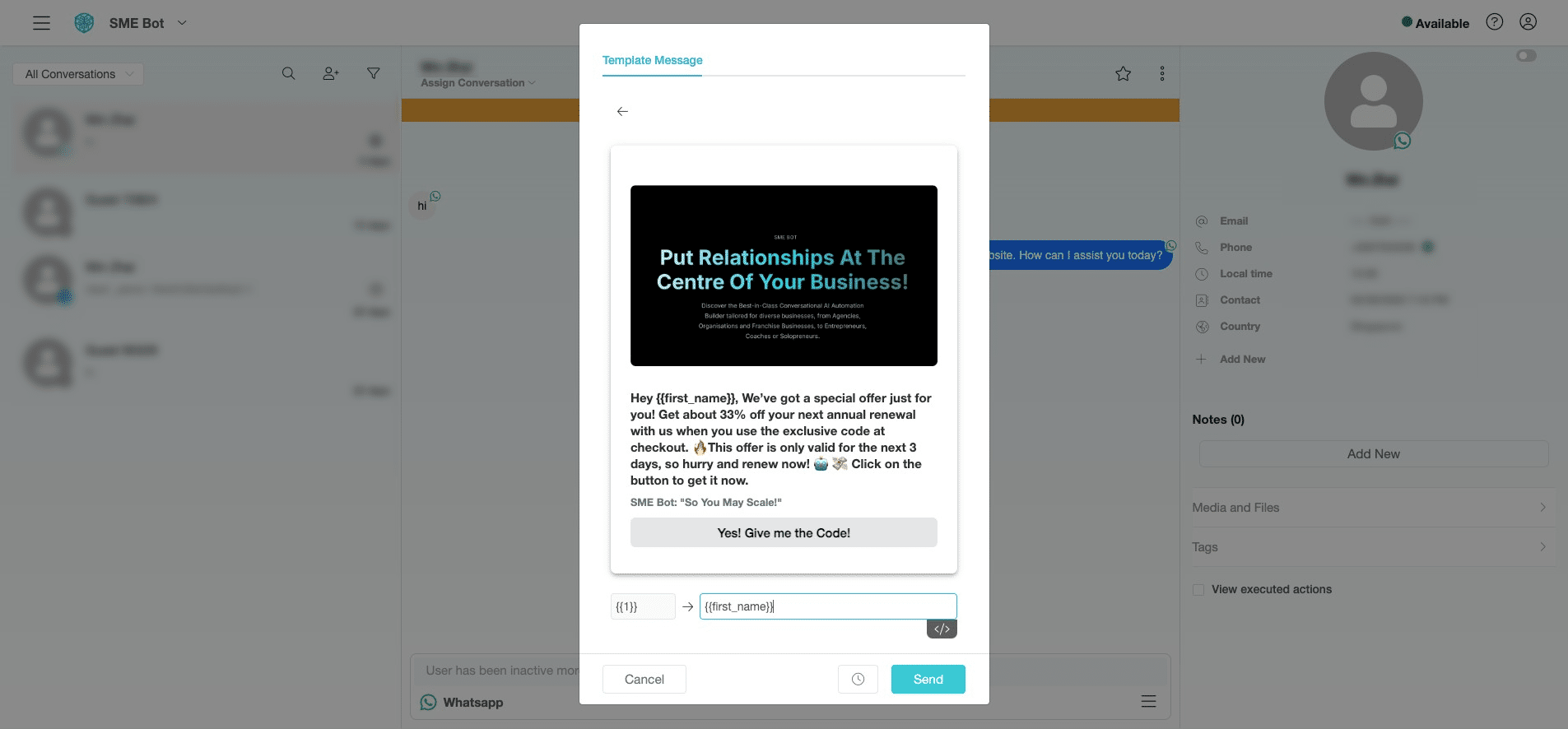 You can choose to send the message at a later time or send it immediately. Click the Clock icon to schedule or click "Send" to send it right away.