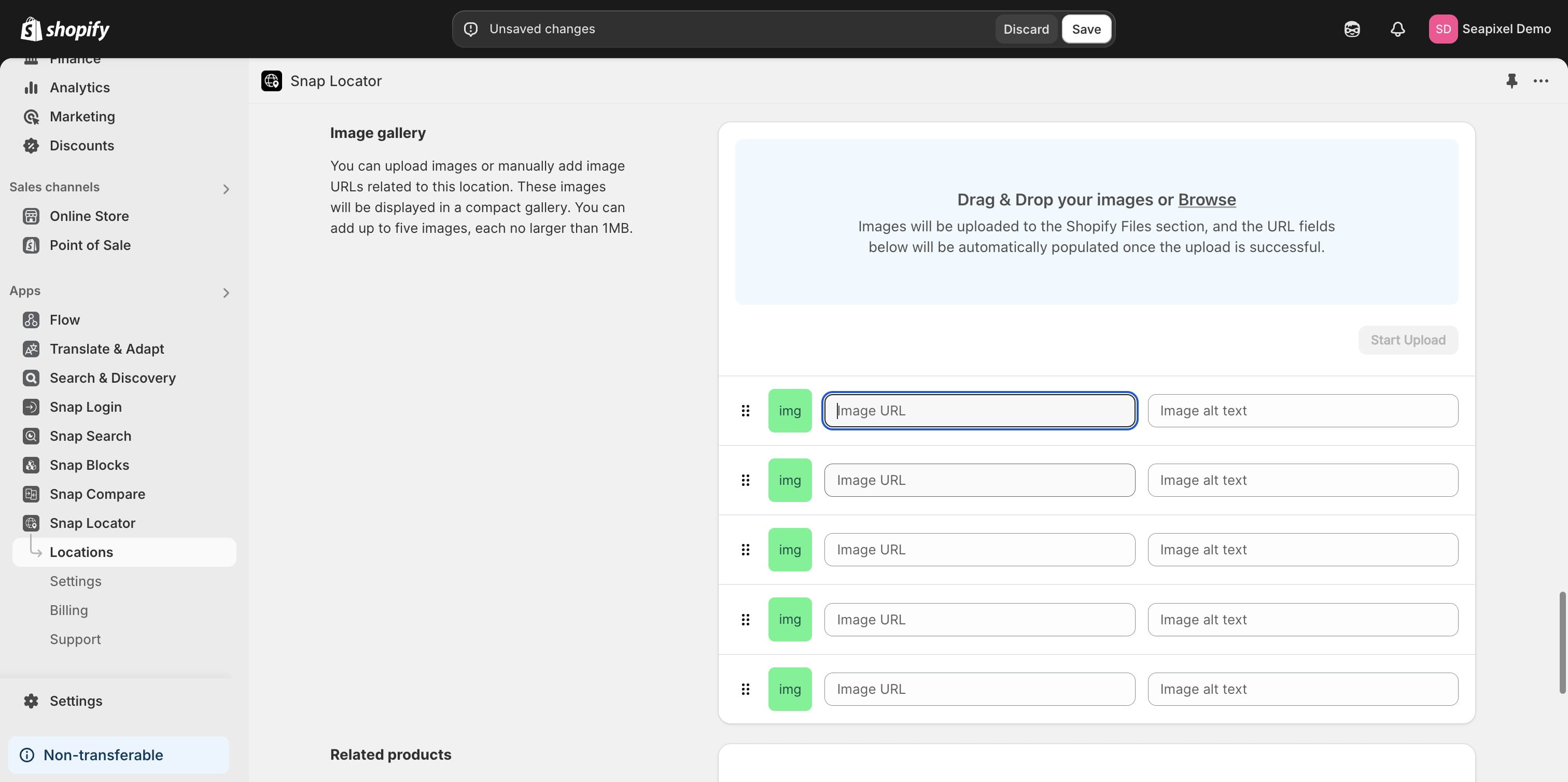 You have the option to create a gallery for each location, featuring up to five images. You can upload images using the built-in uploader to Shopify files, or alternatively, use image URLs directly.
