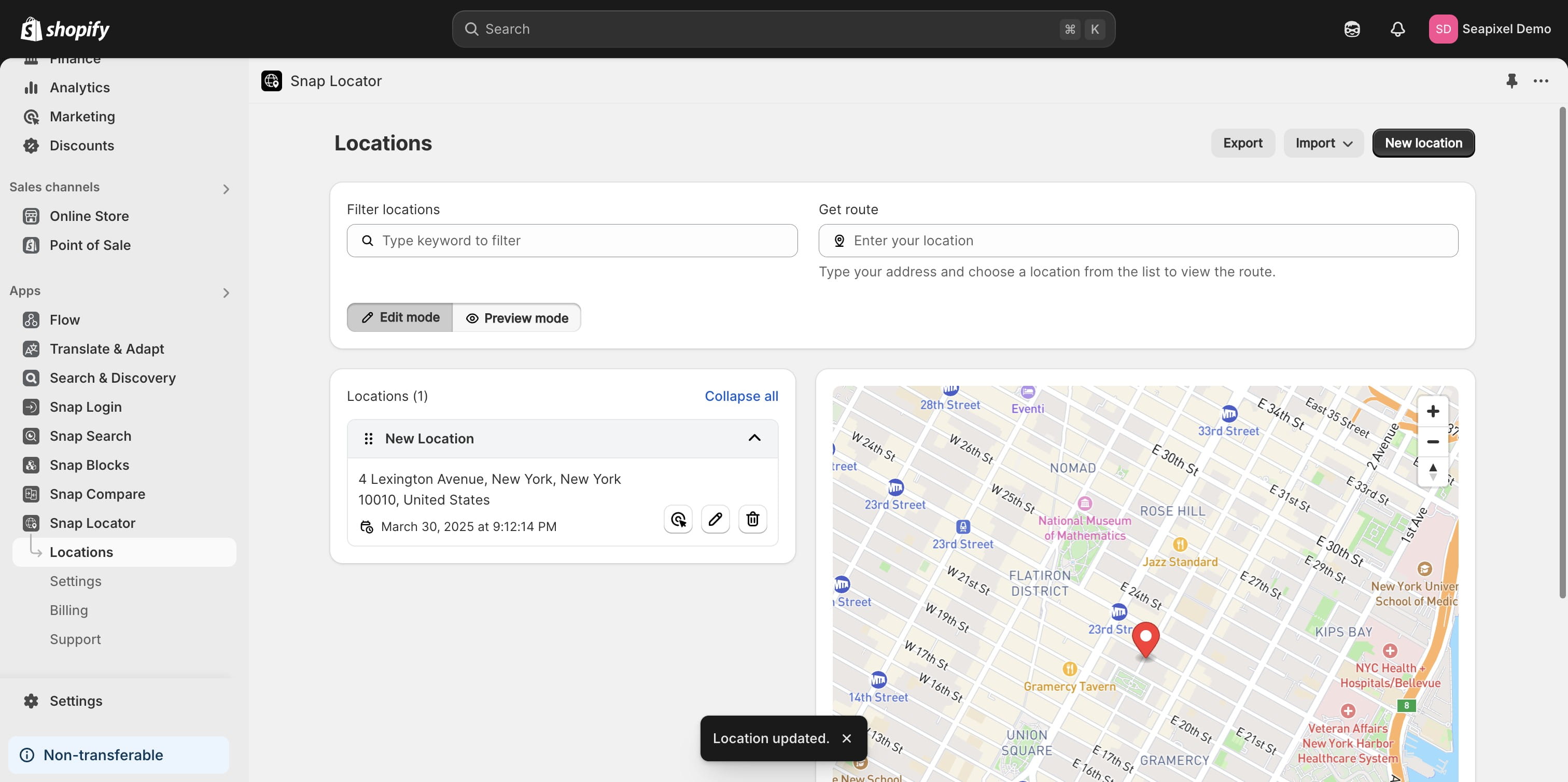 "Preview mode" allows you to verify the location's appearance.