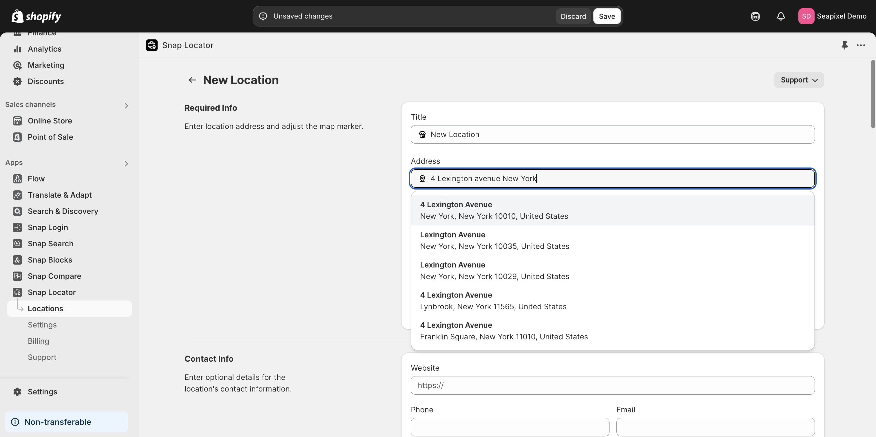 Enter the location address by searching using the app's autocomplete input field.