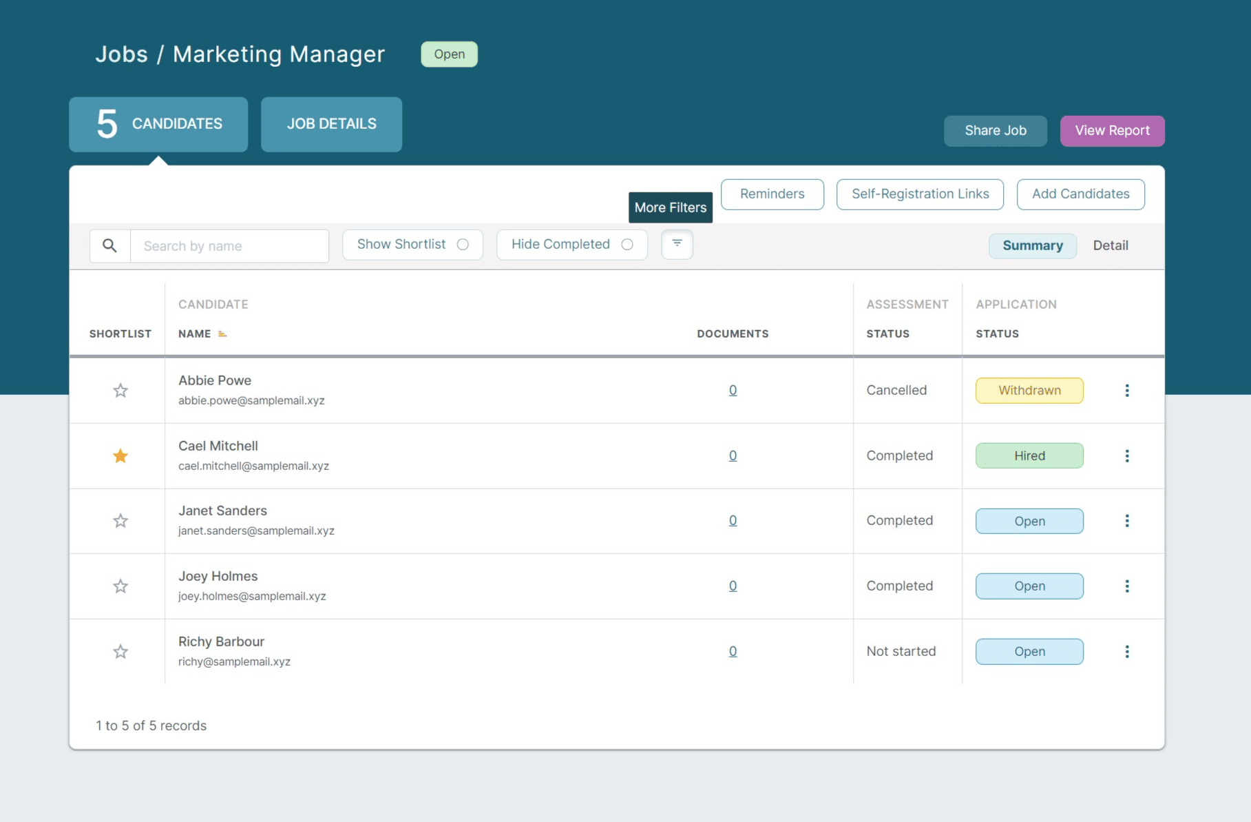 You are presented with the Candidates Table, to apply filters to the candidates table, click on "More Filters"