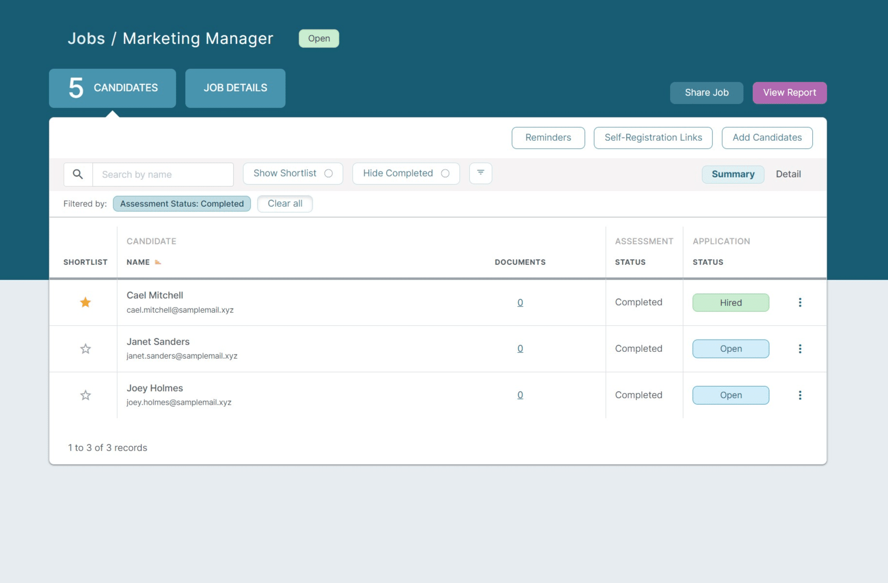 We applied assessment status of Completed and that is what the table now shows. Once finished applying filters, you can Click on "Clear all"