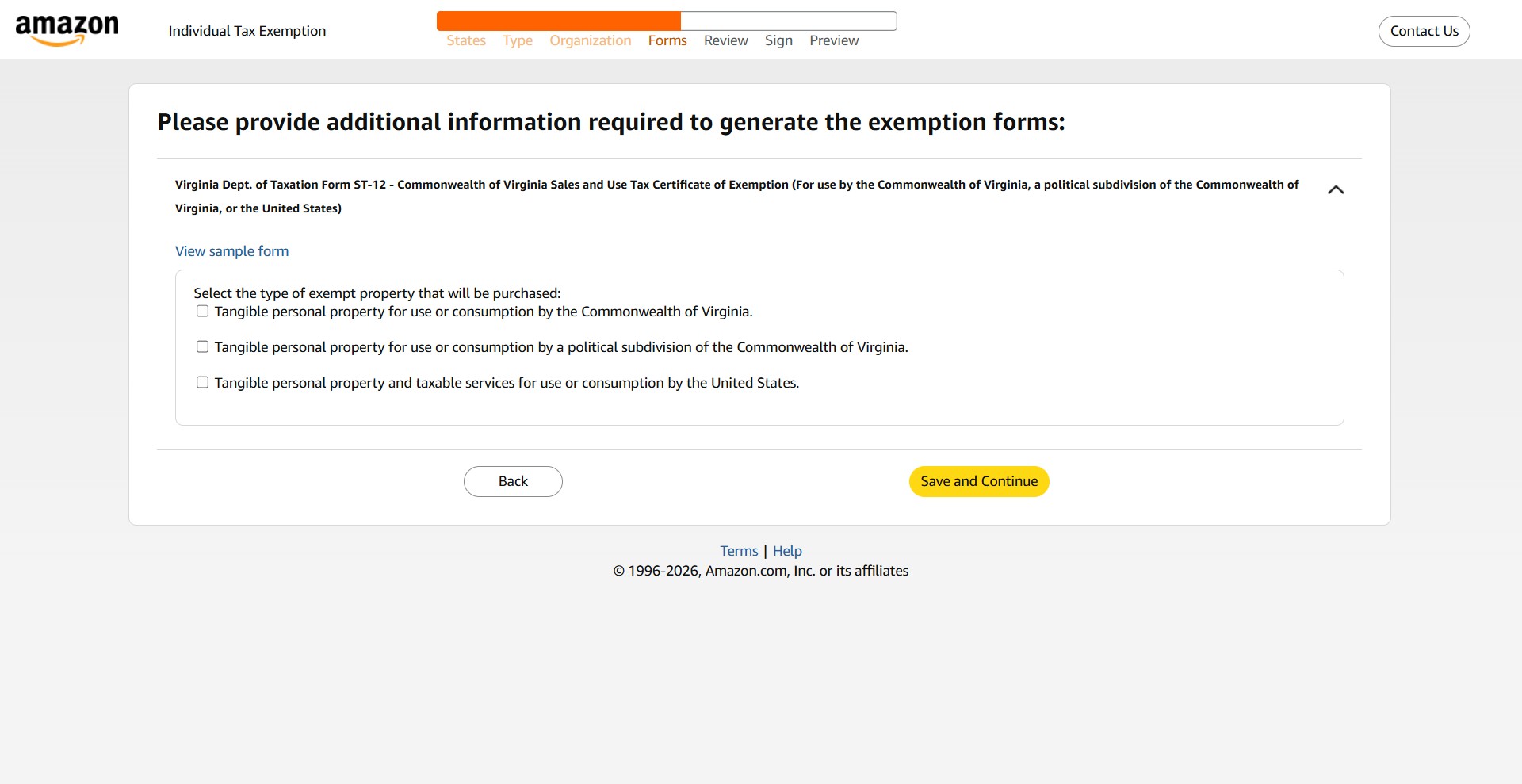 Select the option for "Tangible personal property for use or consumption by the Commonwealth of Virginia."