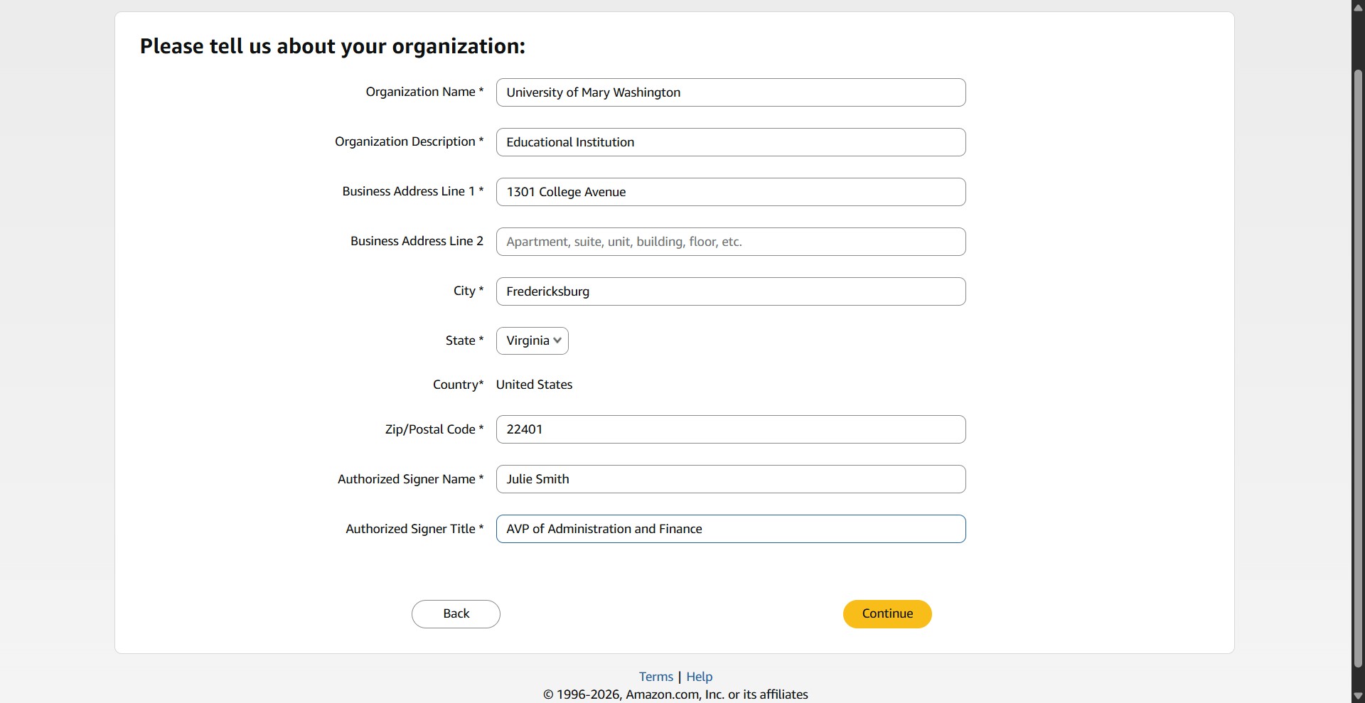 Fill out the form with the following information and click Continue.