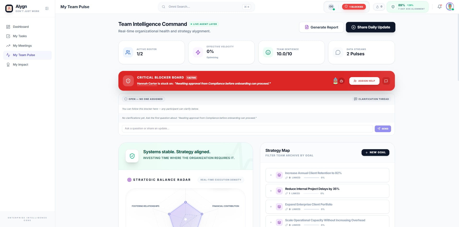 The blocker has been successfully resolved. Depending on the path you chose, either a peer has been assigned via the Intelligent Handover workflow, or the blocker has been marked as directly solved. The Critical Blocker Board will update to reflect the new status, and your team can continue working without interruption.