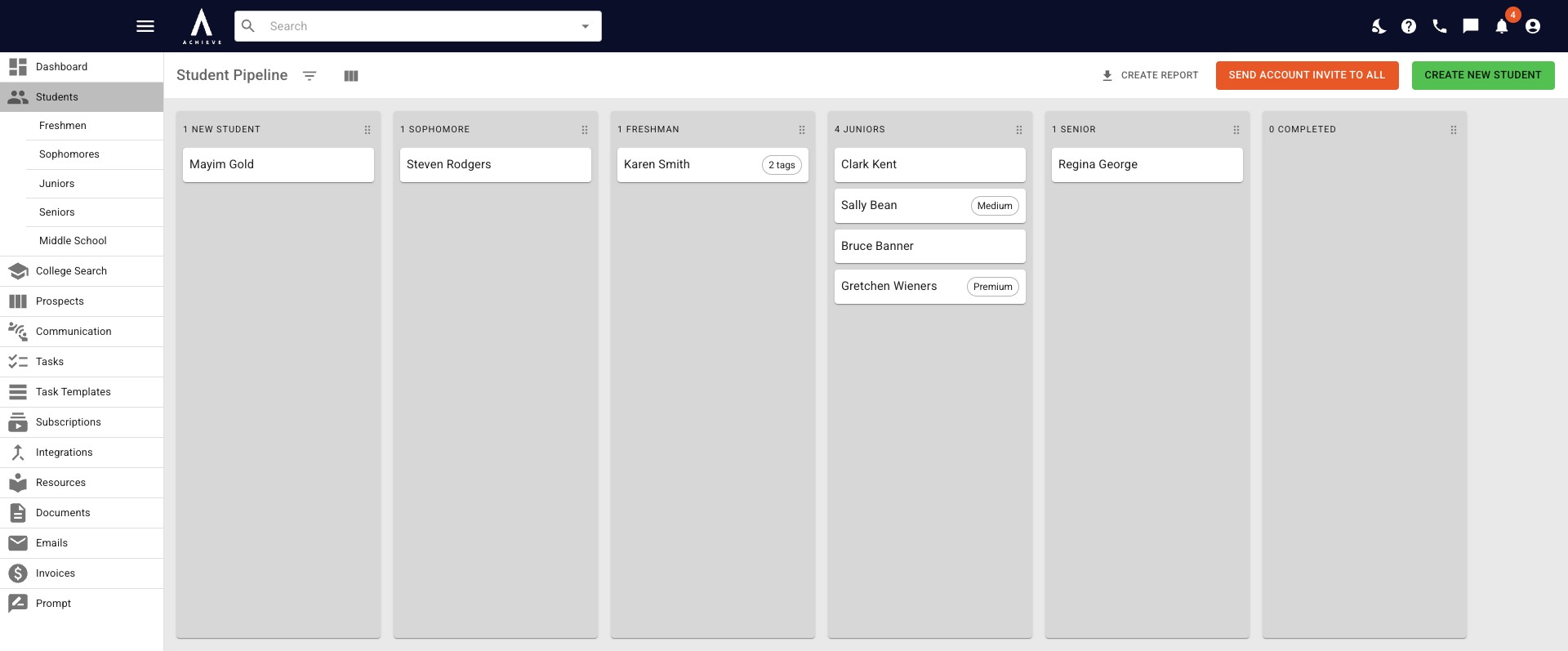 In the **Student Pipeline,** students are sorted by the last edit to their profile. The student you edited most recently will be at the top of each column.
