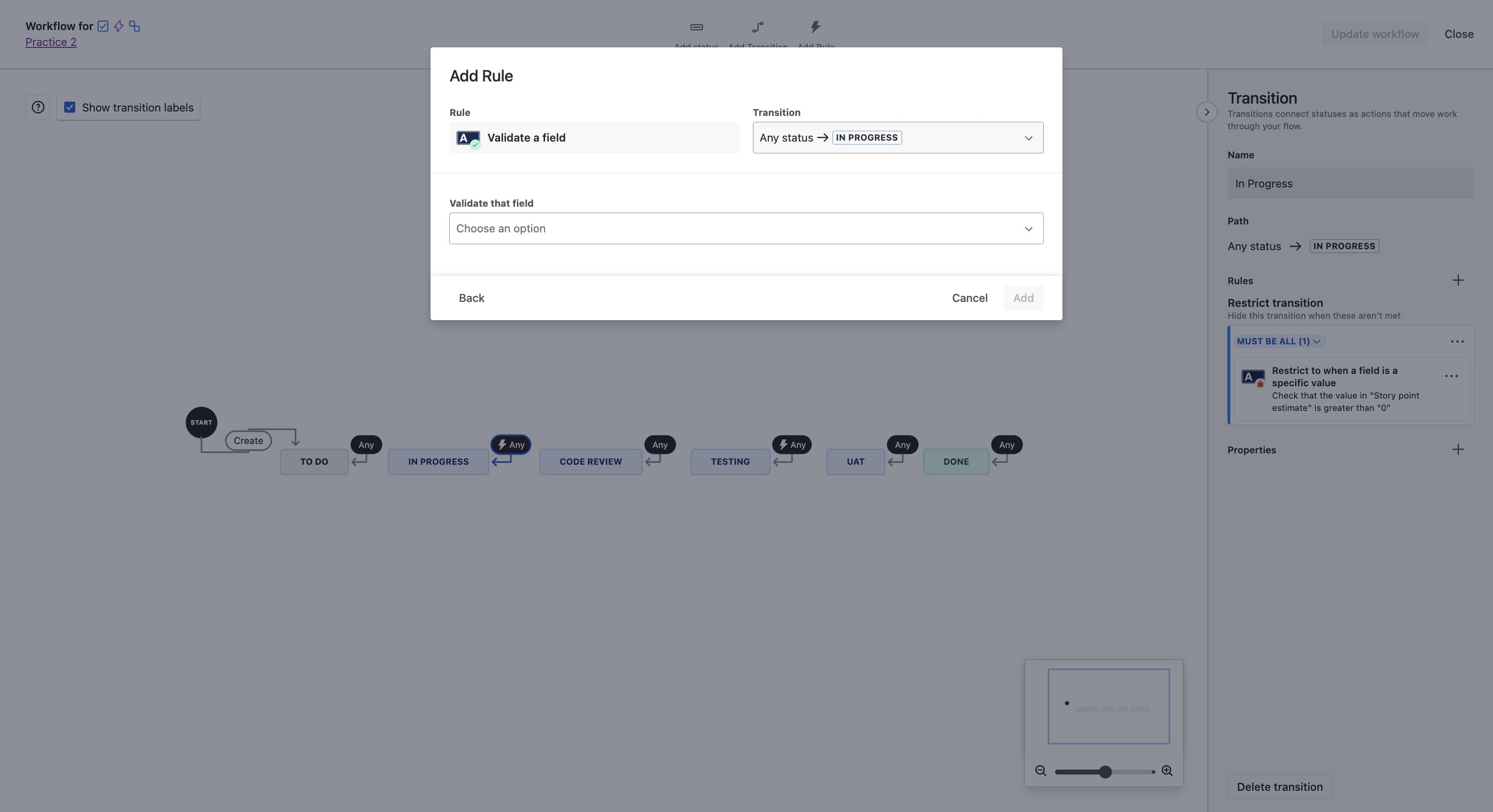 Ensure the transition shows correctly "Any Status -> In Progress"