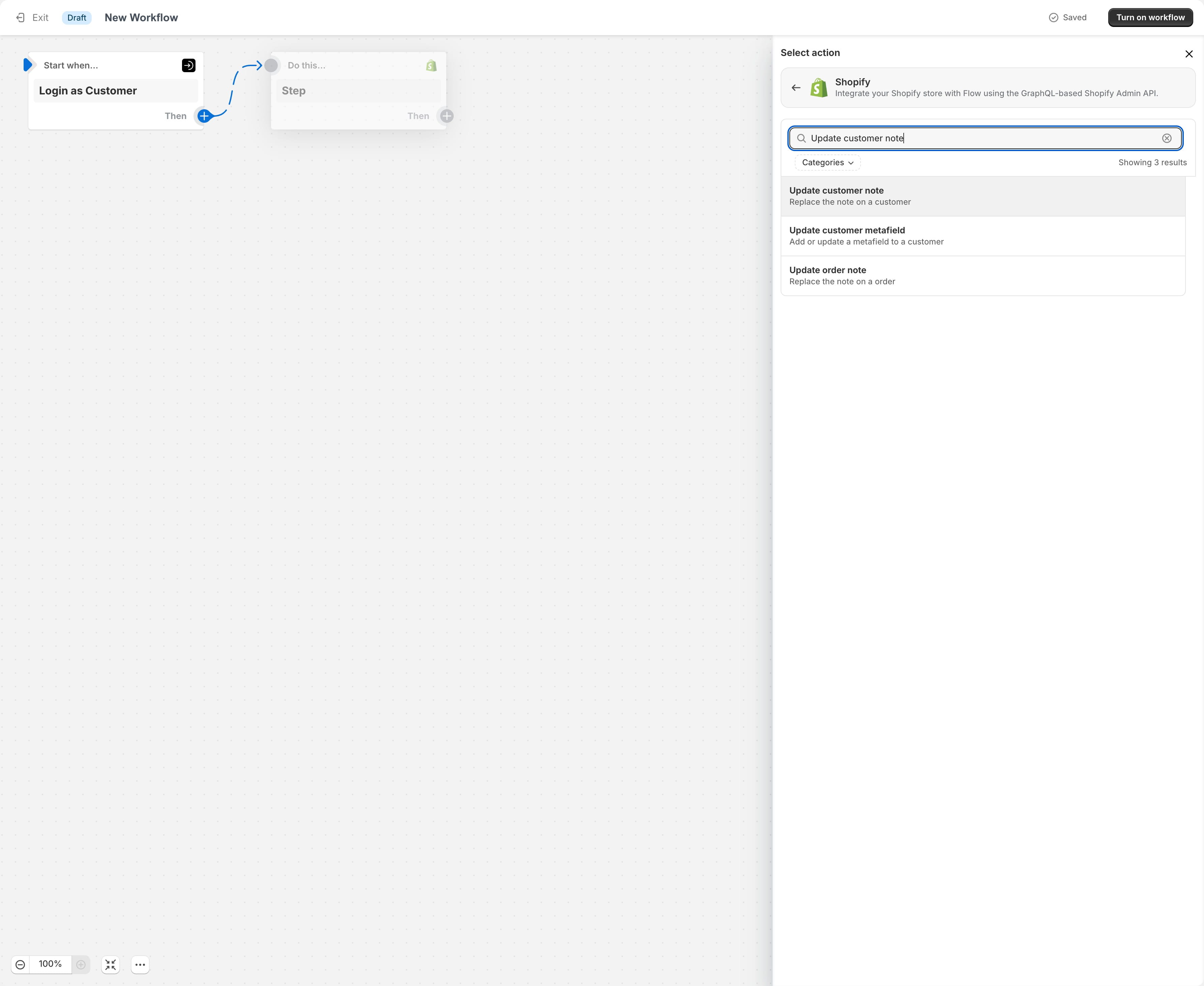 Search for the "Update customer note" event and select it. 
