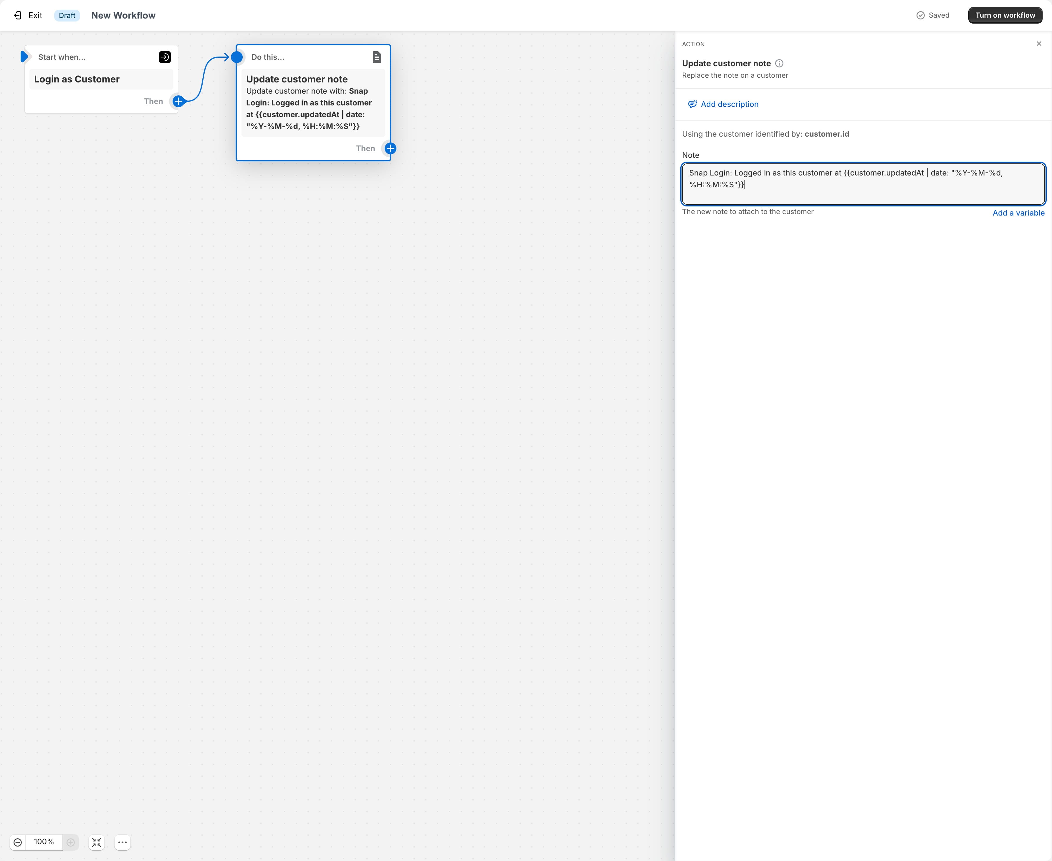 In this example, we’ll use custom text along with the customer’s update date, utilizing Liquid code with date filters for formatting.