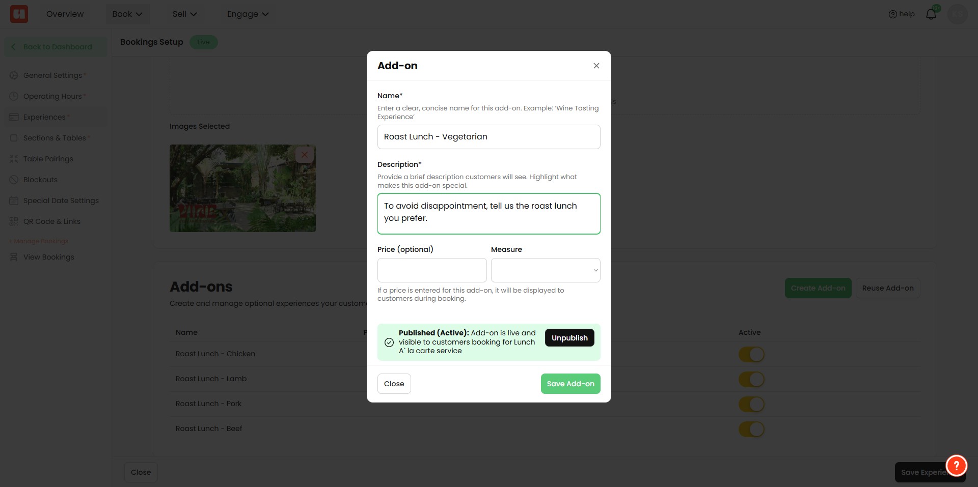 Price details can be optionally added to give customers an idea of cost. Leave blank if you don't want pricing options to show. Click 'Save Add-on' to finish