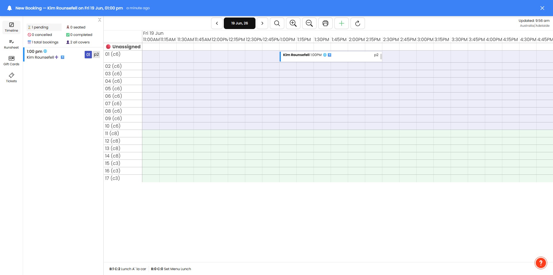 Bookings with Options added will have a '+' icon. 