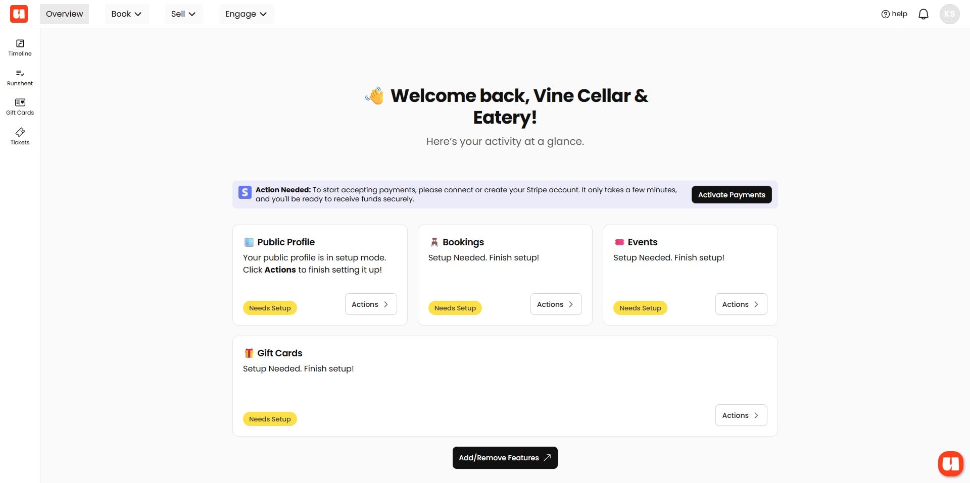Welcome to your Usefull dashboard. This is where you access all the features you selected. Before going live, you’ll need to set up these areas. You can check their status here and click ‘**actions**’ in each section to get started. 