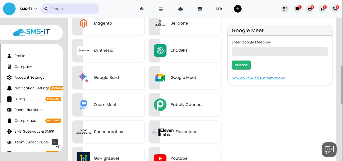 For example, to integrate with Google Meet, locate the Google Meet option and enter your Google Meet API Key in the designated field.