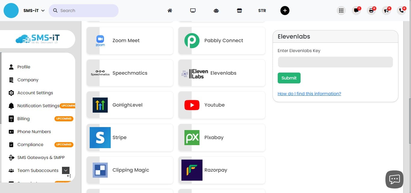 Similarly, if you wish to integrate with Elevenlabs, find the Elevenlabs option and input your Elevenlabs API Key in the provided space.