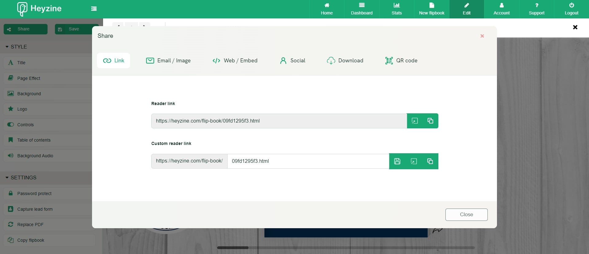 Copy your preferred  share option 
and then "Close"