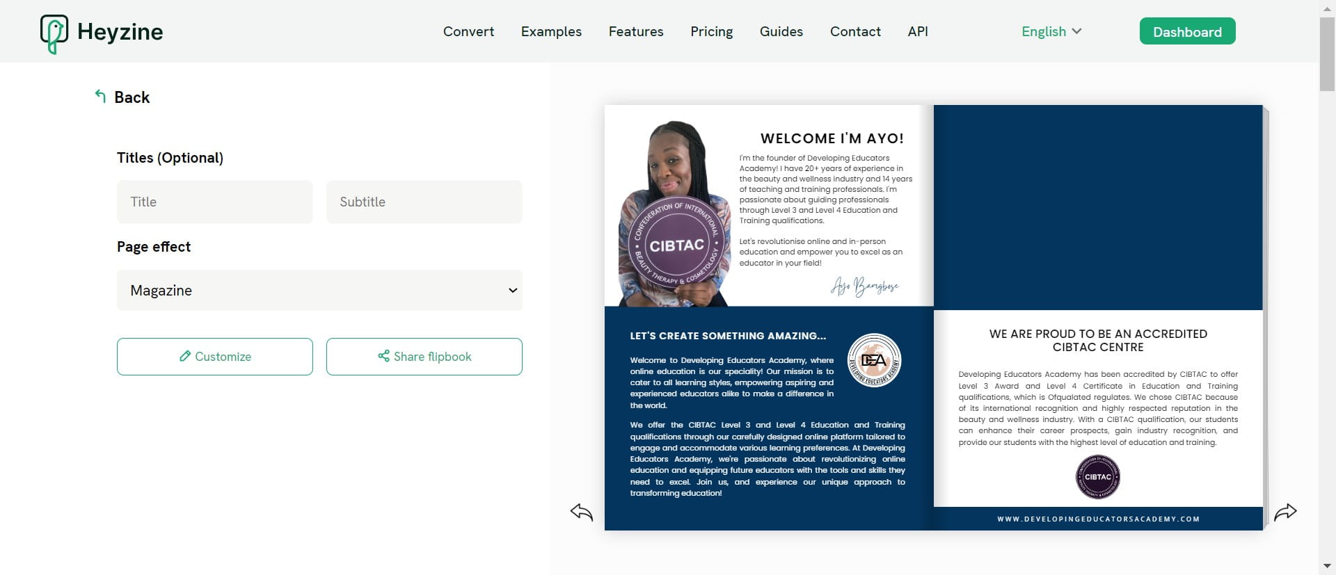 Set Page Effect: Selected "Magazine"