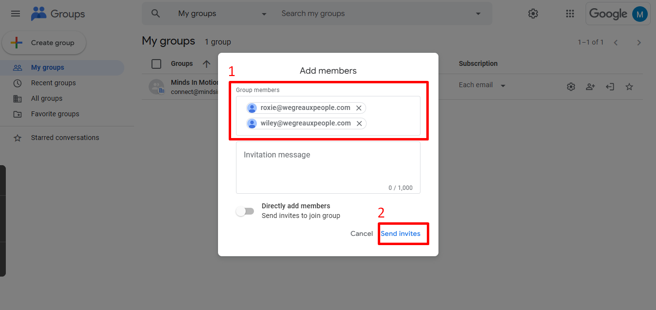 1. **Enter** the email addresses of the people you want to invite.
2. **Click** 'Send invites'.
