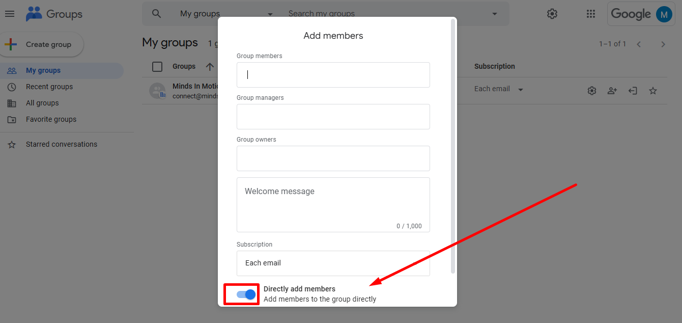 **Click on** 'Directly add members' to turn OFF this option.