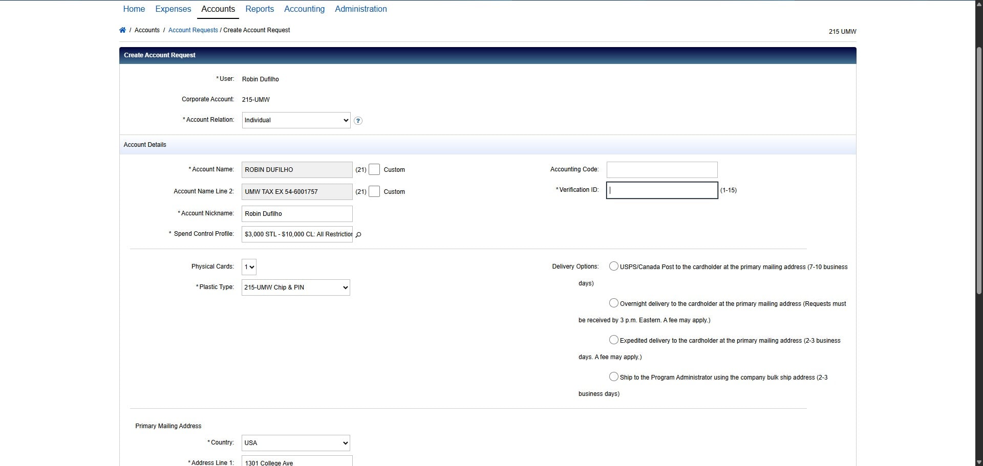 Create the Cardholder's Verification ID by using the formula 215+MMDDYY of birth date. In this case, Robin's birth date is 05/07/1977 according to the information on the SPCC Request Form, so the Verification ID would be 215050777.