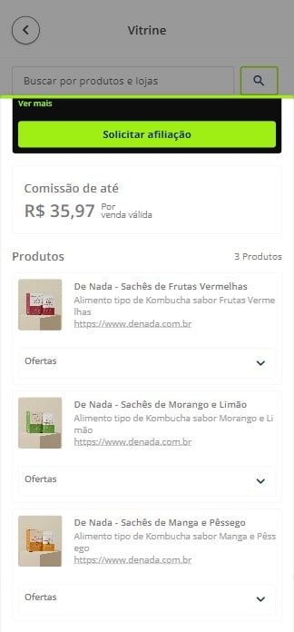 **Confira as informações da afiliação.**\
Verifique os produtos, ofertas e condições antes de solicitar a afiliação.