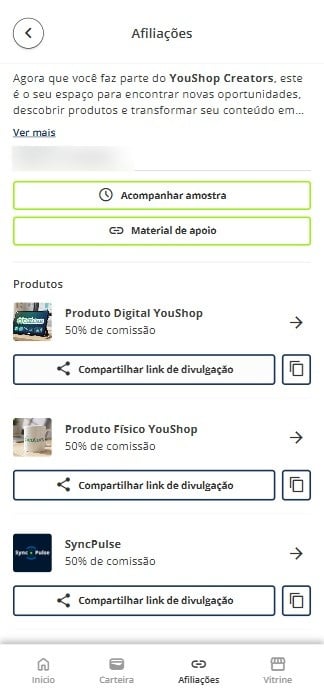 **Confira as opções disponíveis.**\
Dependendo das configurações da marca, você poderá encontrar recursos como **amostra grátis**, **materiais de apoio** e **links de divulgação**.