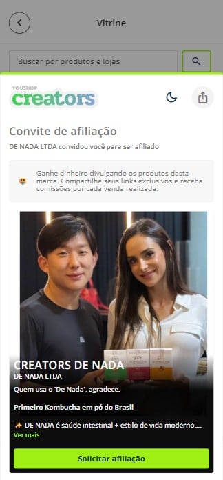 Aqui você poderá consultar as informações da marca, produtos, ofertas e comissão disponível.