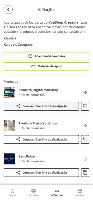 **Acesse "Compartilhar link de divulgação"** para obter o link e começar a divulgar os produtos.