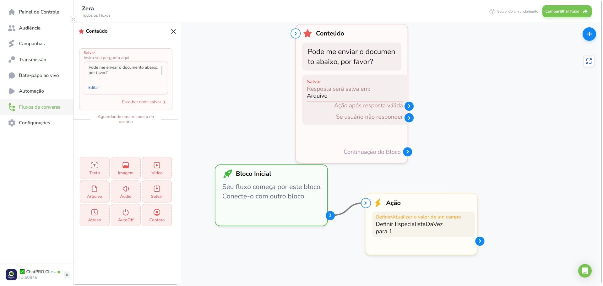 Click on "Seu fluxo começa por este bloco."