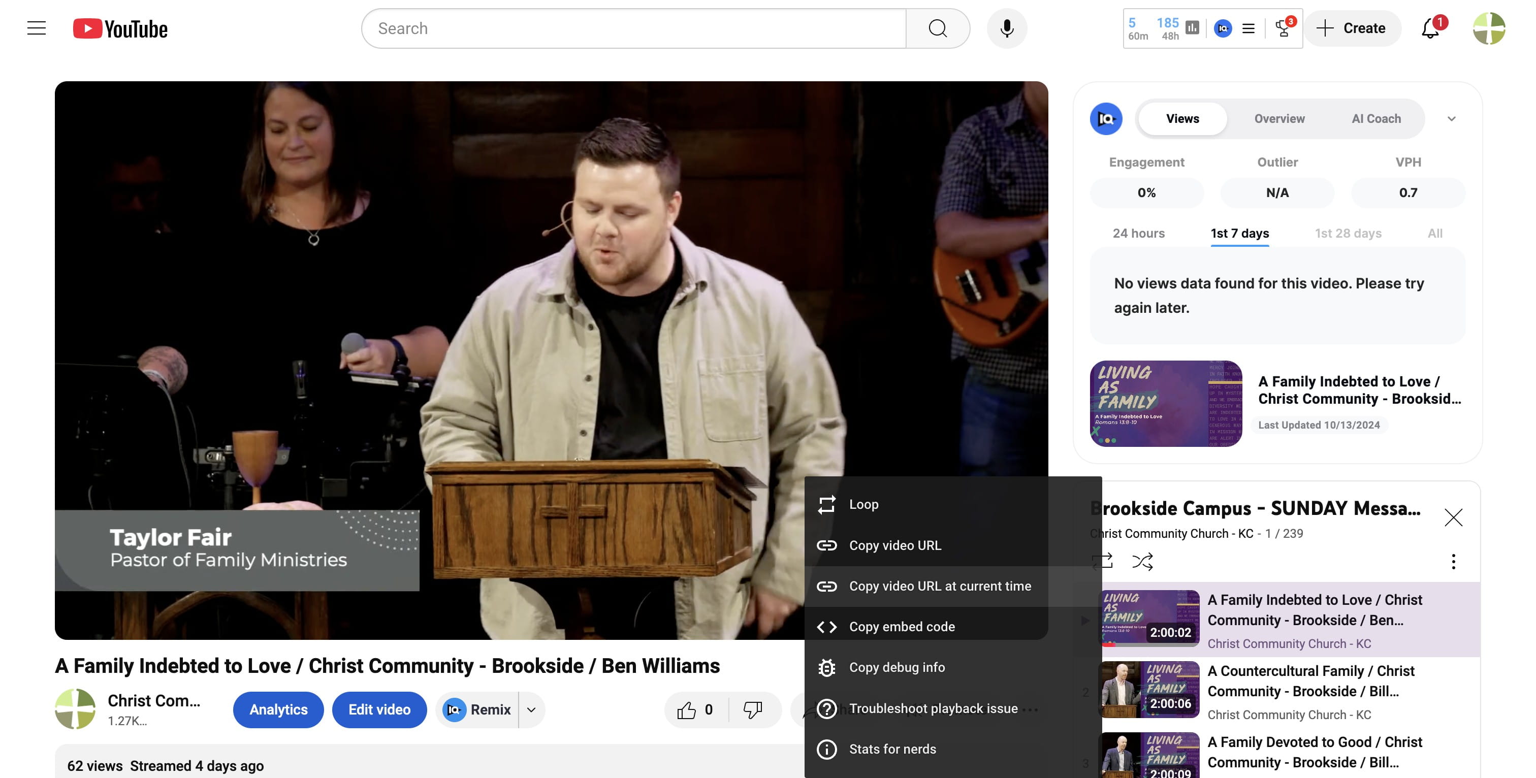 Click on "Copy video URL at current time" to get the link you need for that campus.