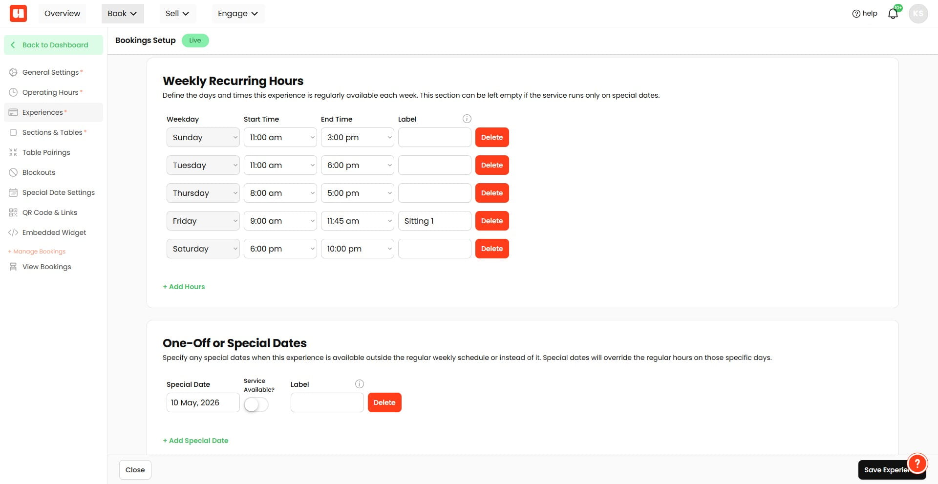 Click **+ Add Hours** under the weekly schedule, to add a second sitting. 