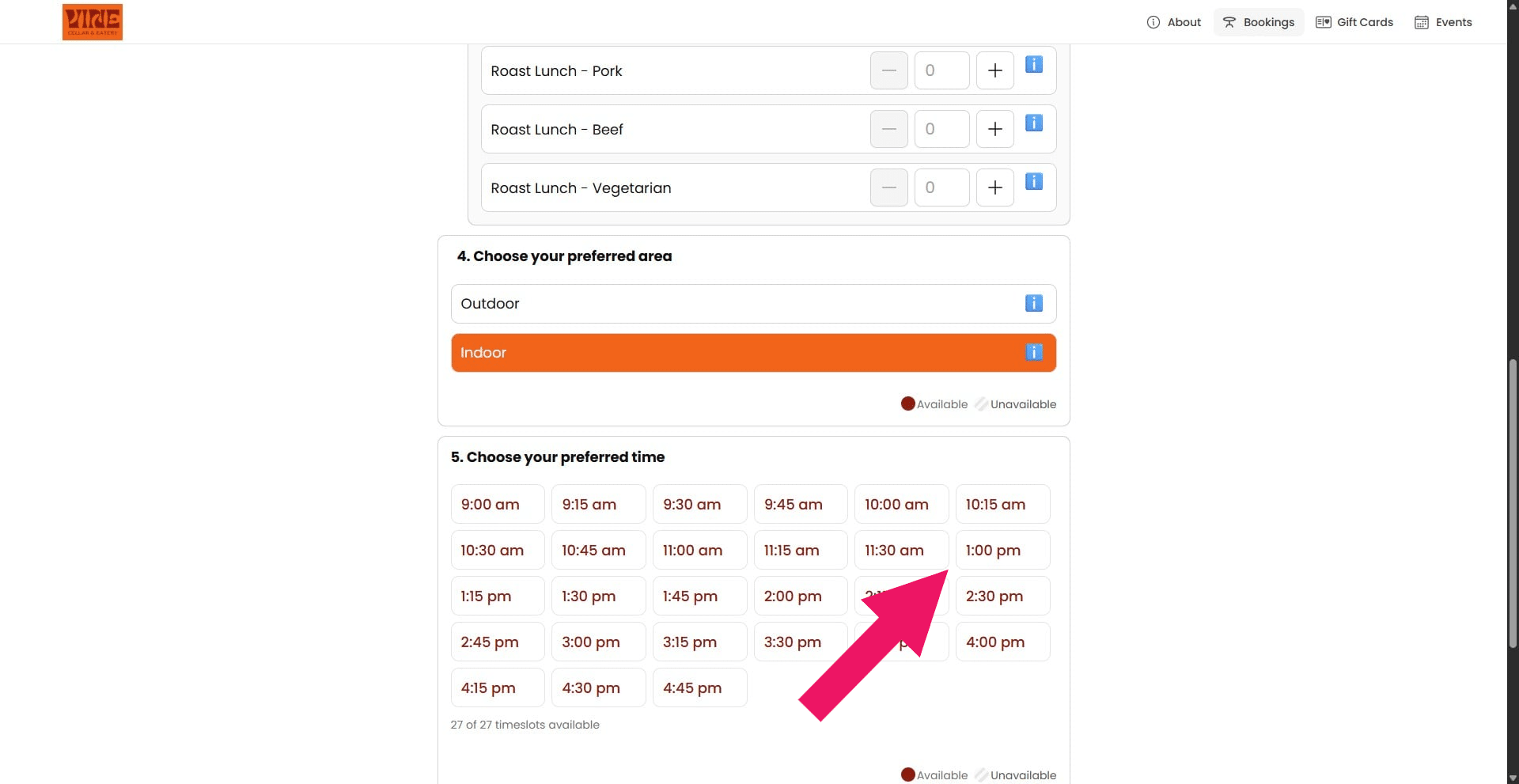Review the customer-facing booking page to check how the split sitting times appear during booking