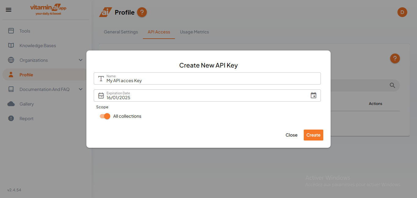 You can choose to allow the API key to access all collections