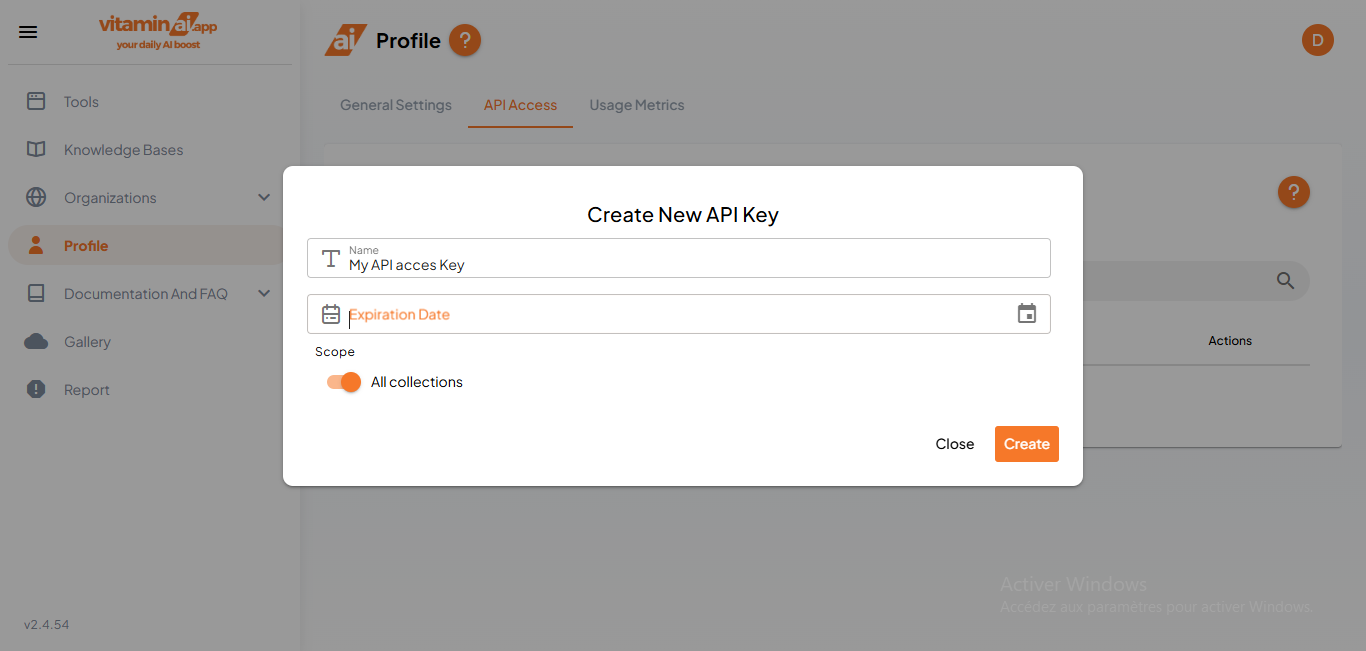 Choose an expiration date for the API key