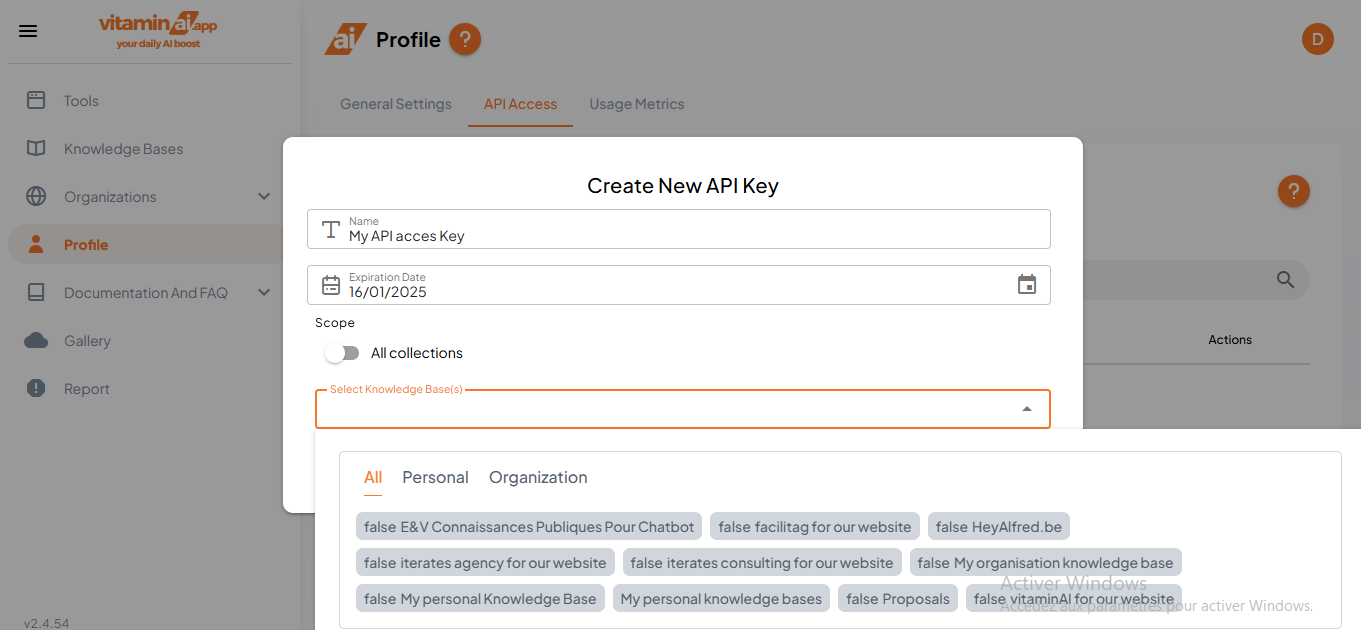 Or you can choose specific collections that the API key will allow access to