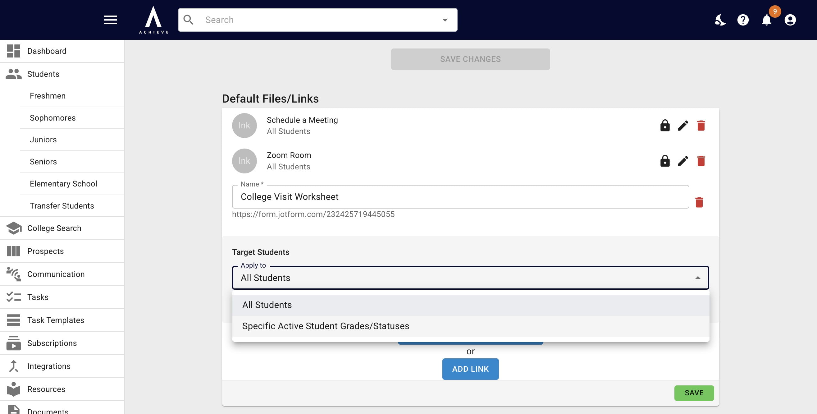 Change that to **Specific Active Student Grades/Statuses**