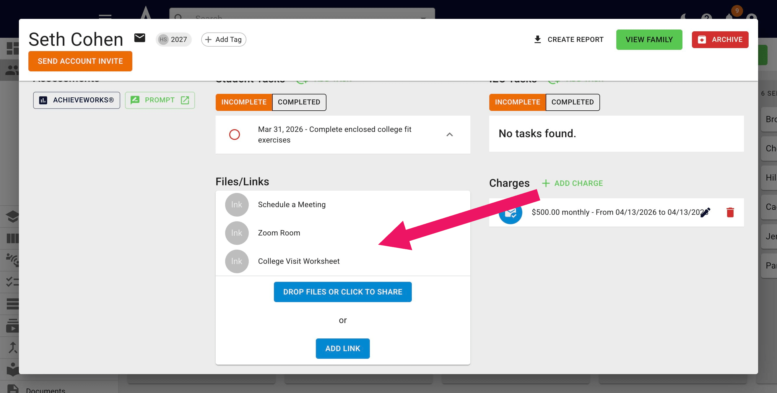 You'll then be able to see the applicable files/links listed on a student's profile 