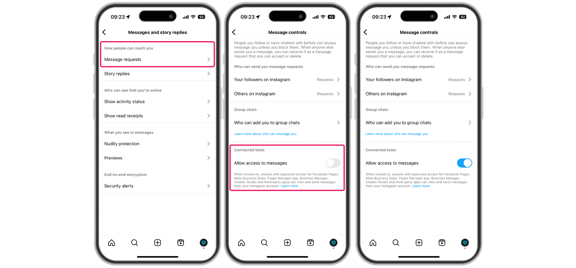 Under "How people can reach you," tap "Message requests." Then, under "Connected tools," click and enable "Allow access to messages" to allow SME Bot to perform "Instagram Comment Automation".
