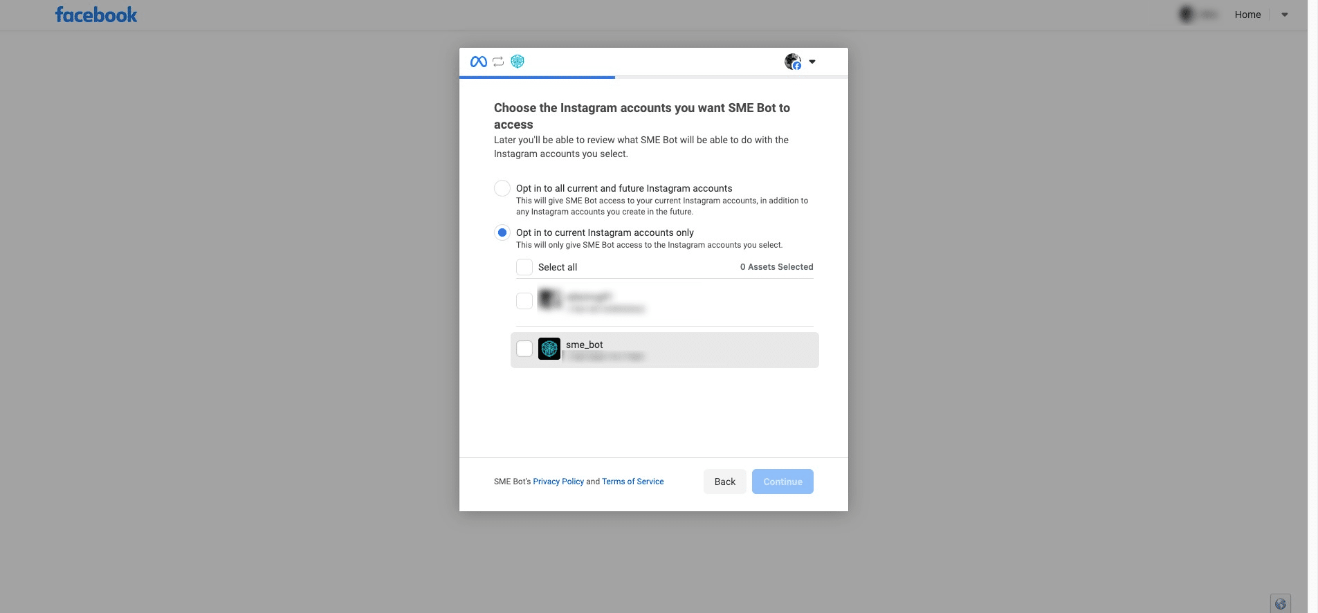 Select and click on the Instagram account(s) that you want SME Bot to integrate with.