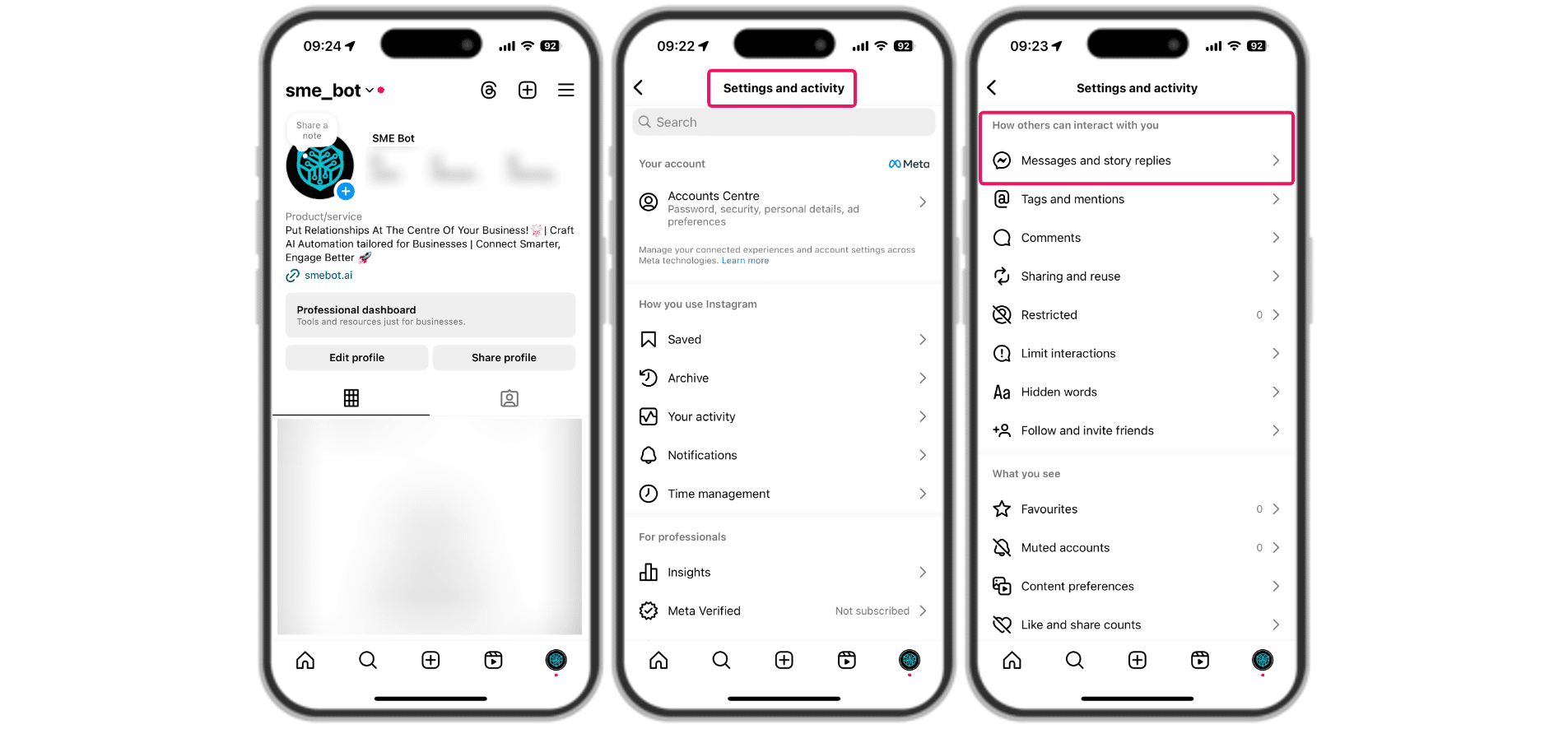 In your Instagram, click the "hamburger icon" (three horizontal lines) at the top right corner. Tap "Settings and activity," then scroll down to "How others can interact with you".