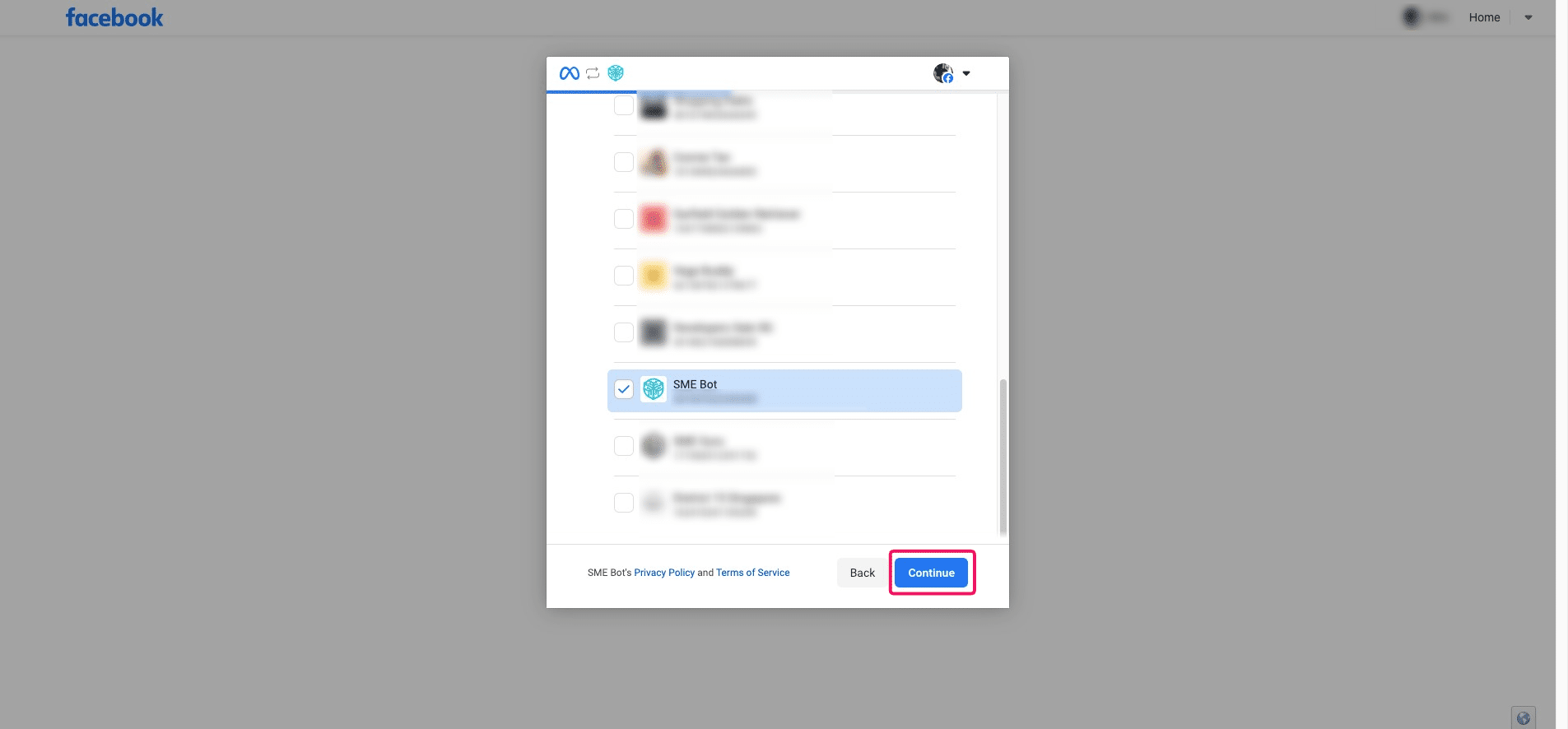 Select and click on the Facebook Page you want to integrate, then click "Continue" to proceed. Ensure that your [Instagram have connected to your Facebook Page](https://help.smeguru.ai/guides/connect-instagram-to-facebook-page). 