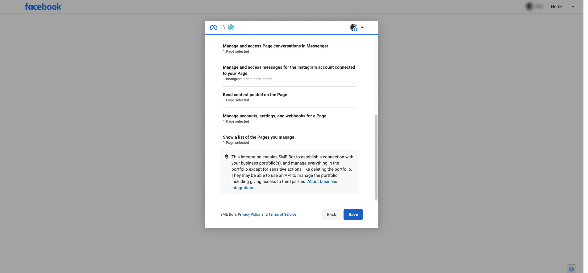 Review the access and all the connections you're enabling SME Bot to manage. Click "Save" to confirm.