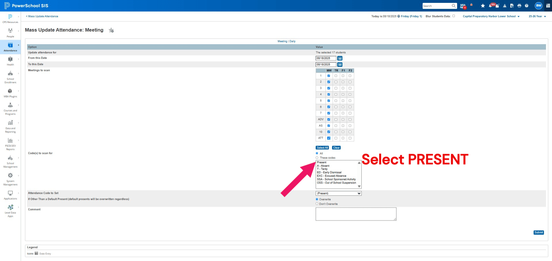 Change Code(s) to scan for to PRESENT